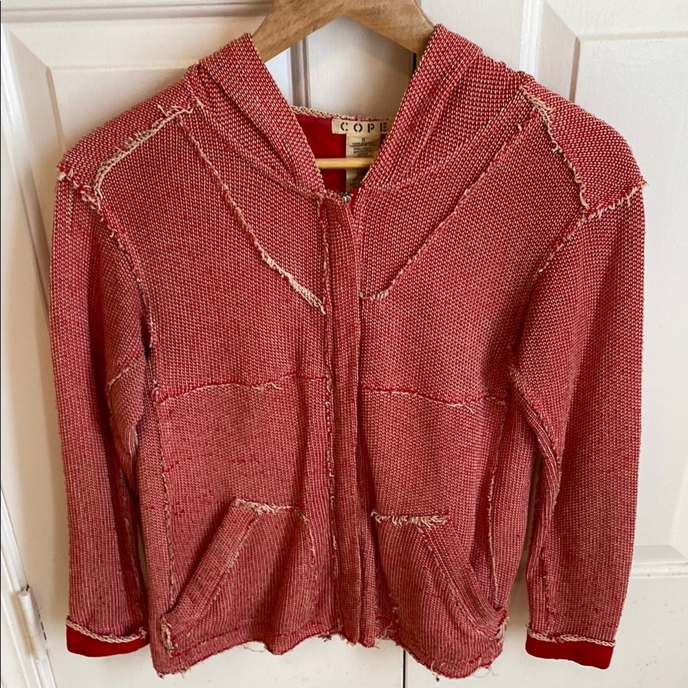 Red and White Cotton Knit  Zip Up Hoodie